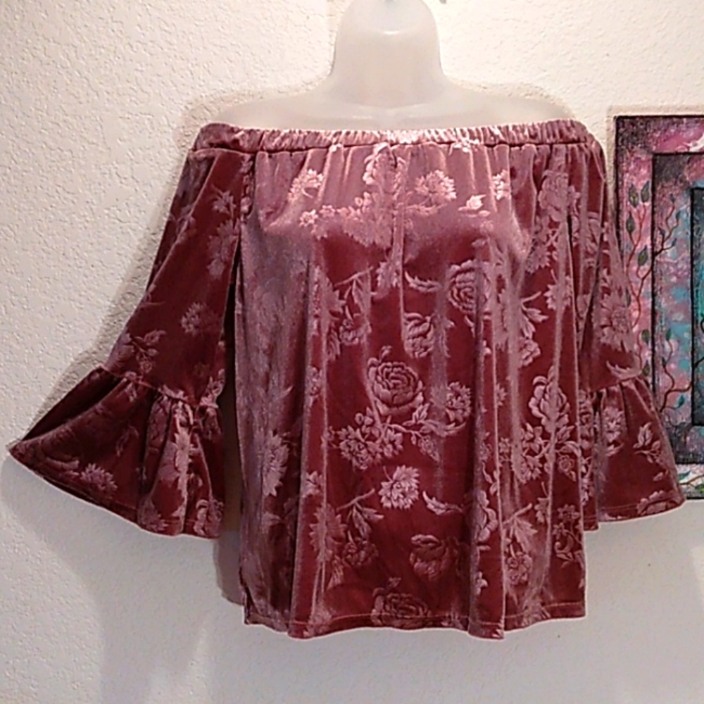 Current Project Beautiful Dusty Rose Velvet Cold Shoulder Flowy Top Bell Sleeves